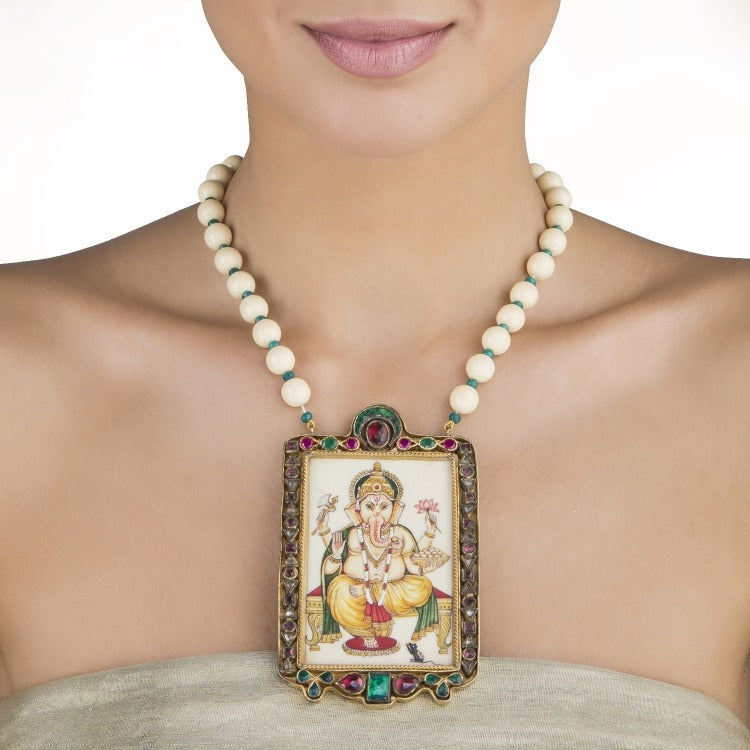 KUNDAN GANESH PAINTING SQUARE NECKLACE