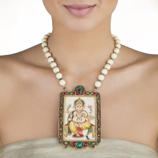 KUNDAN GANESH PAINTING SQUARE NECKLACE