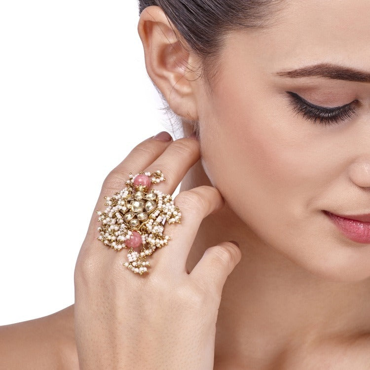 KUNDAN ROSE QUARTZ FLOWER RING