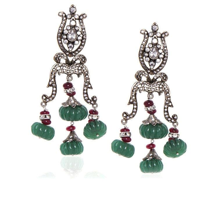 ZIRCON GREEN ONYX CARVING DROP EARRINGS