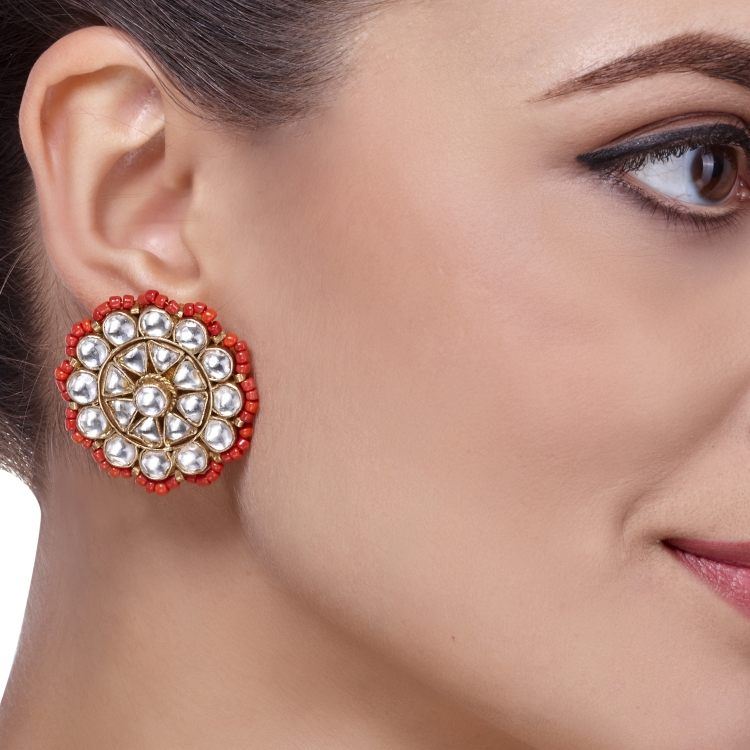 KUNDAN CORAL FLOWER EARRINGS