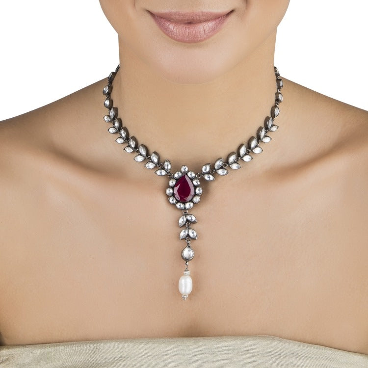 KUNDAN PEARL DROP LEAF NECKLACE