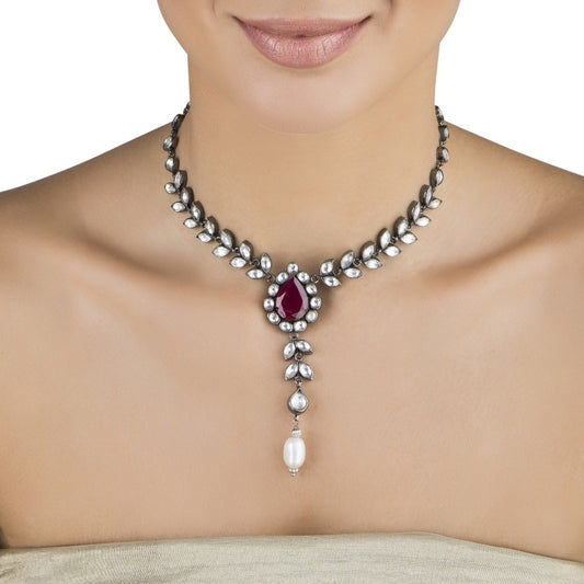 KUNDAN PEARL DROP LEAF NECKLACE