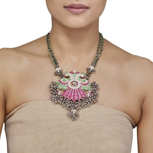 Kundan Peacock Silver Pendant