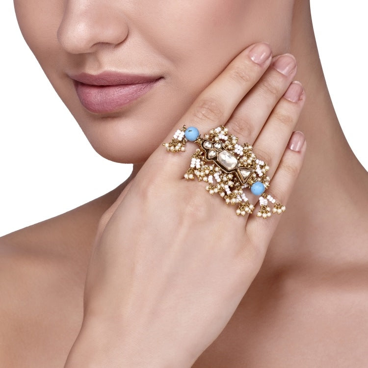 KUNDAN TURQUOISE PEARLS RING