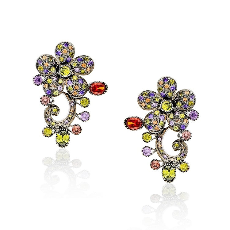 STUDDED NAVRATNA FLOWER EARRINGS