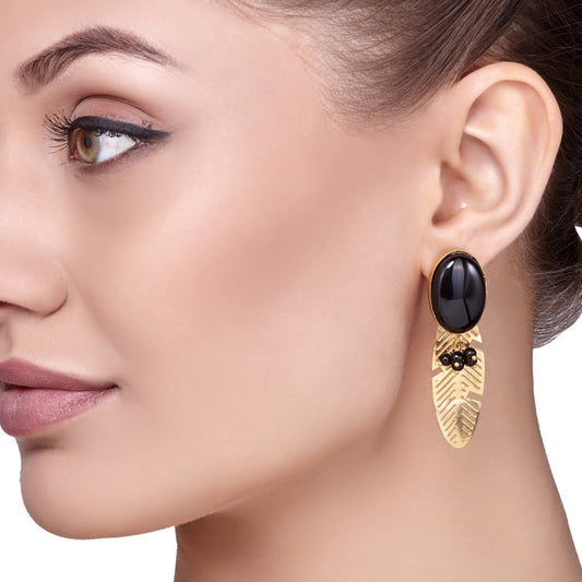 Black Onyx Golden Leaf Earring