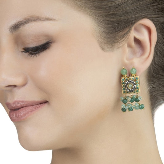 KUNDAN GREEN ONYX SQUARE EARRINGS