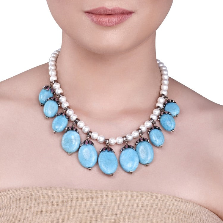 STUDDED ZIRCON TURQUOISE DROP NECKLACE