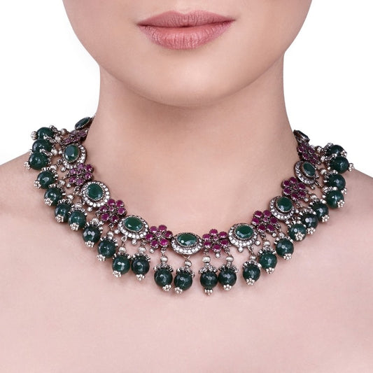 STUDDED RUBY OVAL NECKLACE