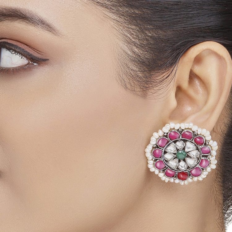Silver Kundan Stud