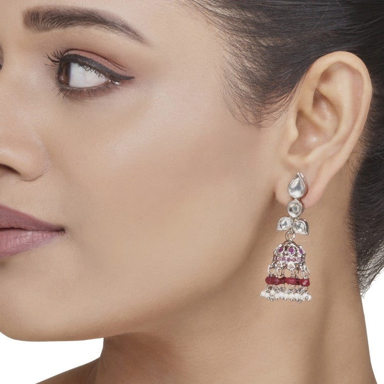 Kundan Ruby White Pearls Jhumki