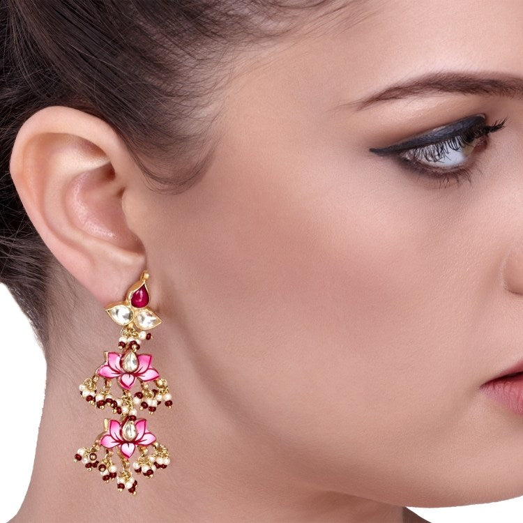 KUNDAN ENAMEL LOTUS EARRING