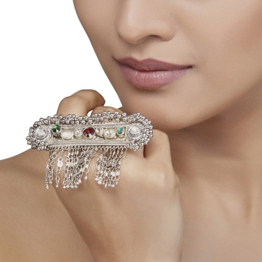 Kundan Silver Ghungroo Drop Ring