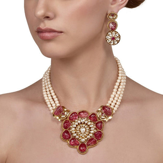KUNDAN TOURMALINE PEARL SET