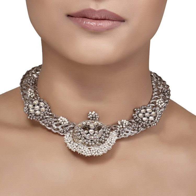 Kundan Silver Pearls Drop Choker