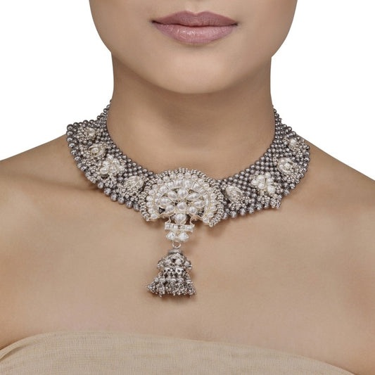 Silver Kundan Floral Bouquet Necklace