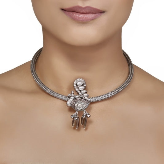 Silver Peacock Kundan Hasli