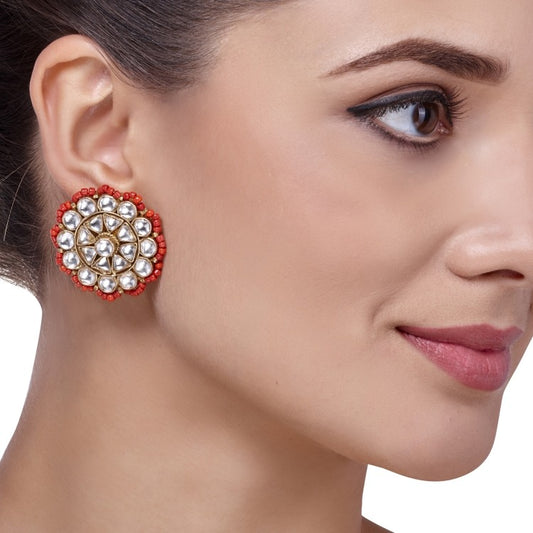 KUNDAN CORAL FLOWER EARRINGS