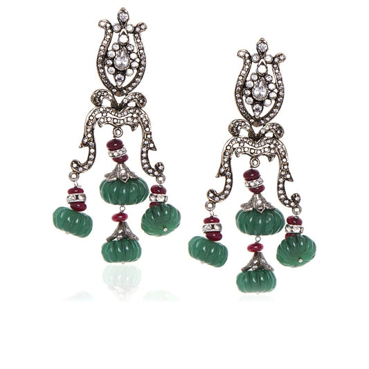 ZIRCON GREEN ONYX CARVING DROP EARRINGS