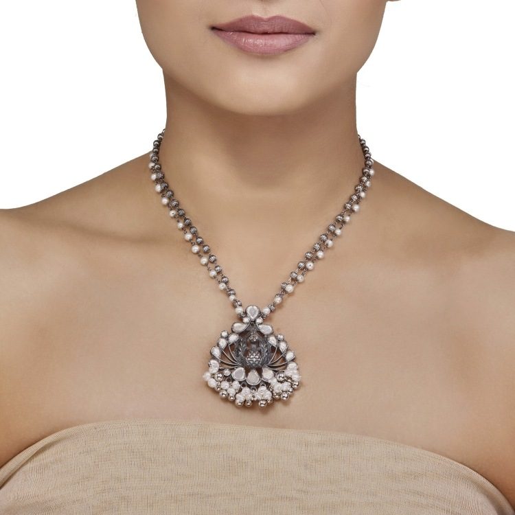 Silver Balls White Pearls Kundan Pendant