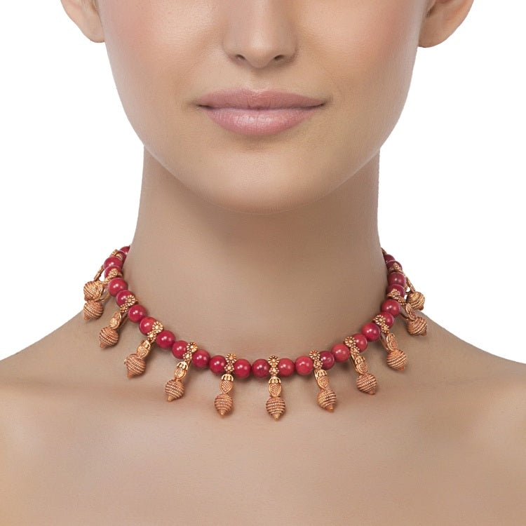 Carved Bead Coral Necklace