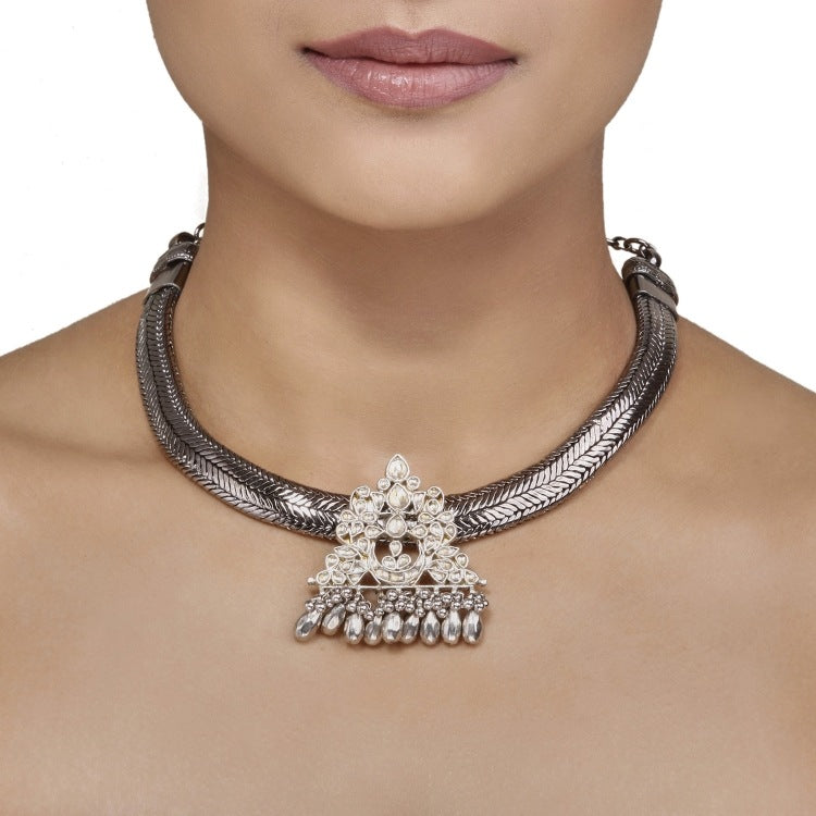 Kundan Silver Ghungroo Necklace