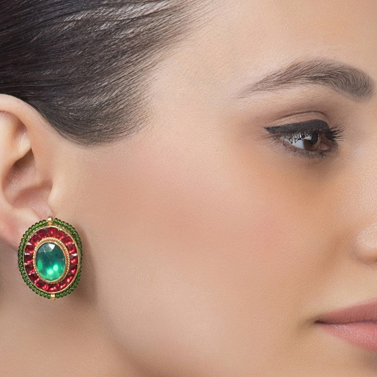 GREEN KUNDAN STUD EARRING