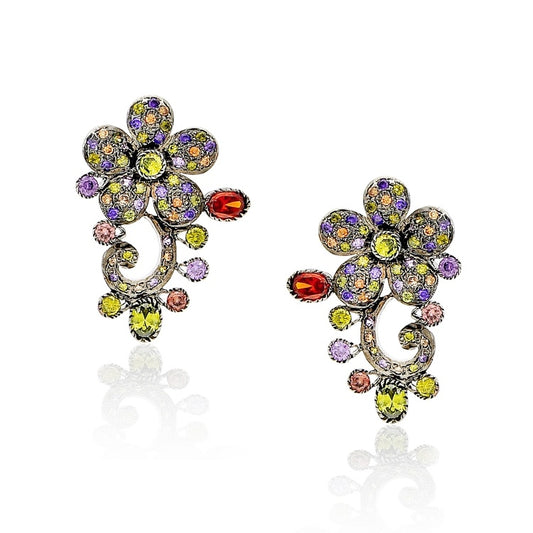 STUDDED NAVRATNA FLOWER EARRINGS