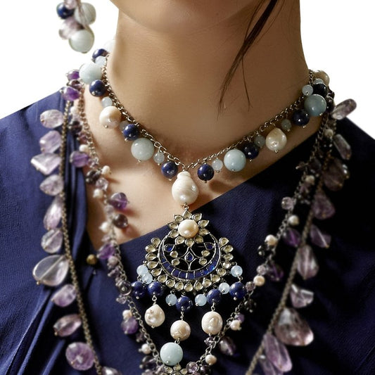 Floral Kundan Lapiz Pearls Pendant