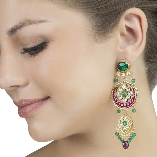 KUNDAN GREEN ONYX LONG EARRINGS