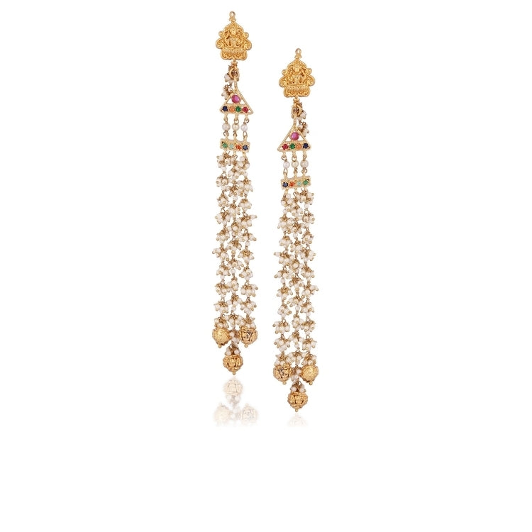 white pearl temple tassel earrings
