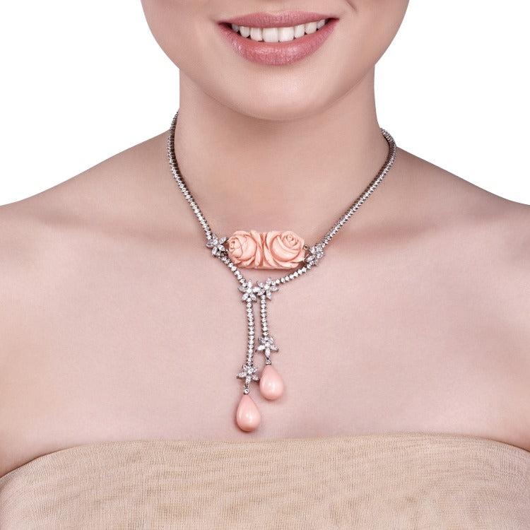 ZIRCON PINK CORAL FLOWER NECKLACE