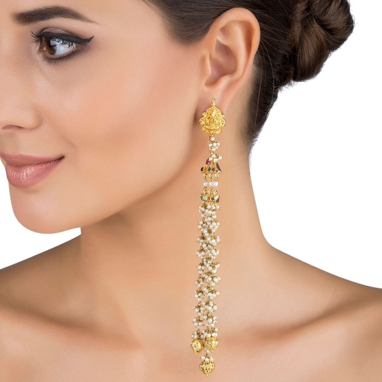 white pearl temple tassel earrings