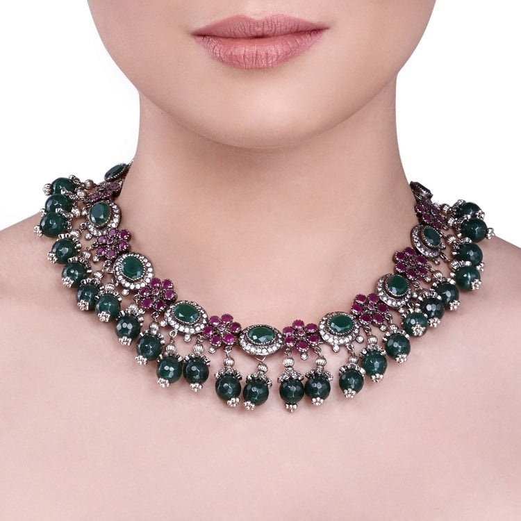 STUDDED RUBY OVAL NECKLACE