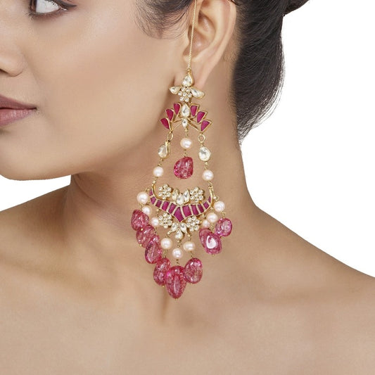 Kundan Drop Pink Pearls Earring