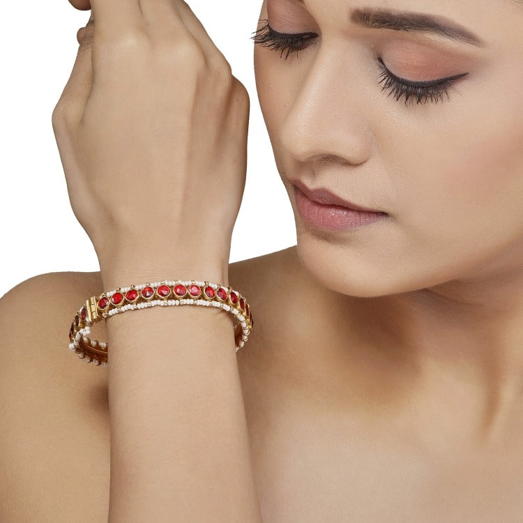 Red Kundan Pearls Bangle