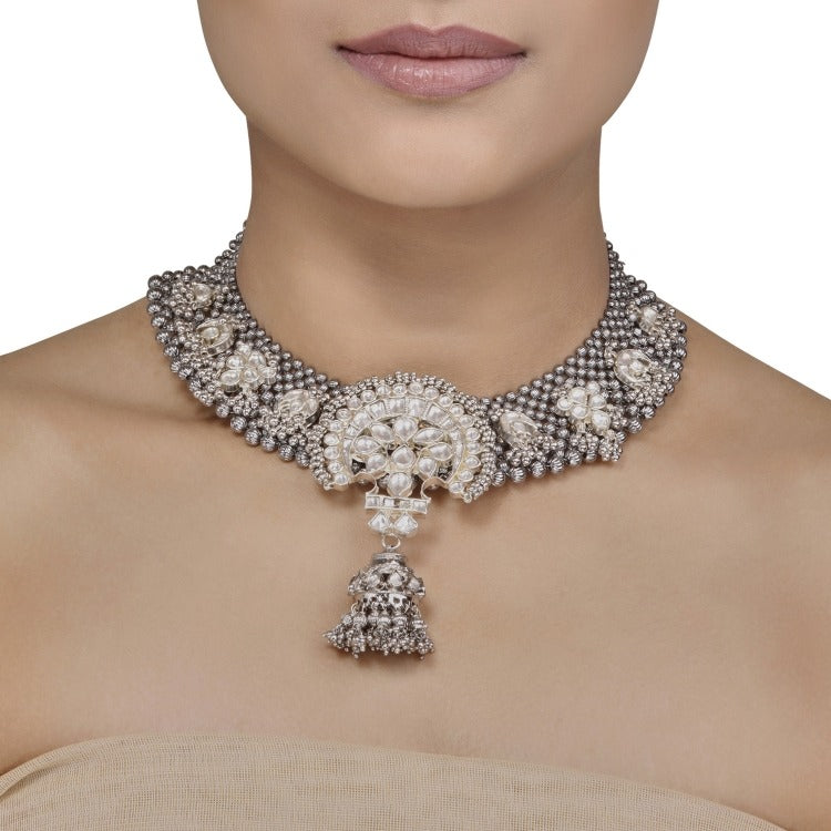 Silver Kundan Floral Bouquet Necklace