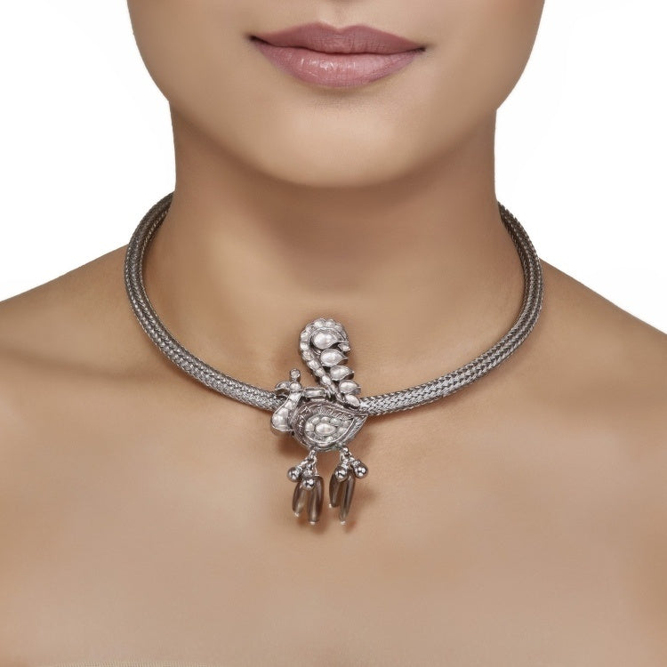 Silver Peacock Kundan Hasli